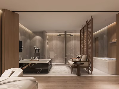 Modern SPA Sauna Interior With Marble Bathtub Wooden Partition Sofa Chair And TV 3d model