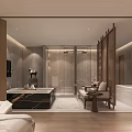 Modern SPA Sauna Interior With Marble Bathtub Wooden Partition Sofa Chair And TV