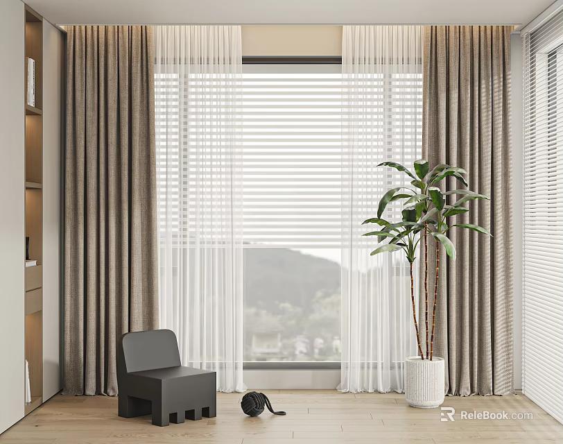 Sheer and Thick Curtains with Window Blinds in Interior Wooden Floor Green Plant Mountain View 3d model 