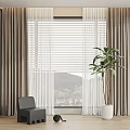 Sheer and Thick Curtains with Window Blinds in Interior Wooden Floor Green Plant Mountain View