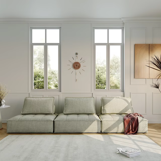 Three Seater Sofa In Light Gray With Plush Cushions Near Windows Greenery And Decorative Clock 3d model 