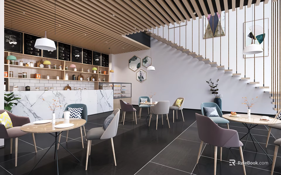 Modern Café Interior Design With Wooden Ceiling Marble Counter And Comfortable Round Tables 3d model 