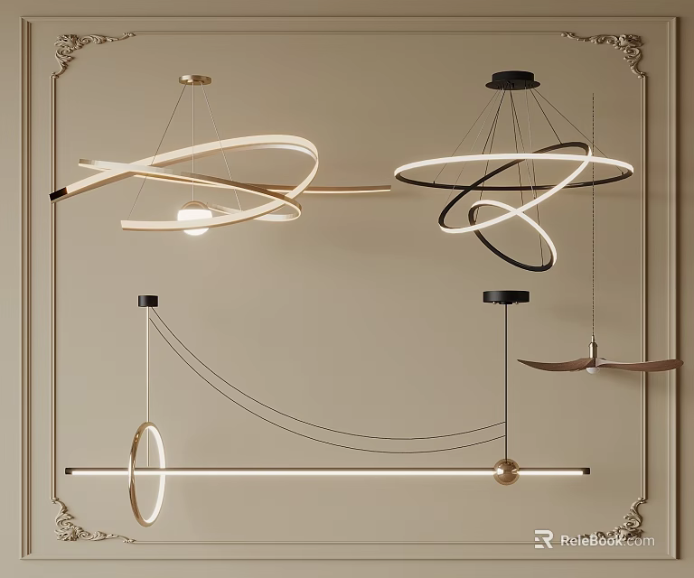 Modern Interior Pendant Lights With Circular Curved Linear Designs On Beige Wall 3d model 