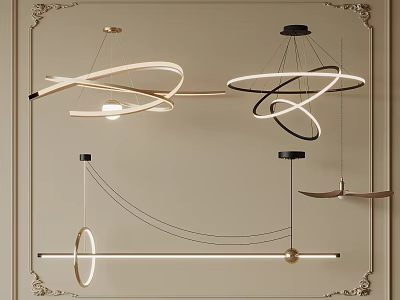 Modern Interior Pendant Lights With Circular Curved Linear Designs On Beige Wall 3d model