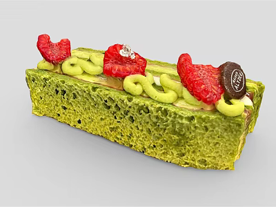 Matcha Green Dessert Cake With Strawberry Slices Green Cream Rings And Chocolate Decor 3d model