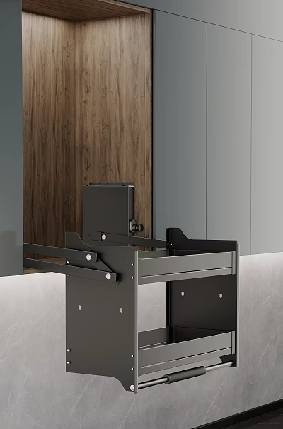 Modern Kitchen Cabinet Hardware In Black Metal Design With Wooden And Gray Panels 3d model