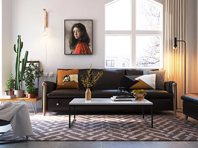 Modern Sofa and Coffee Table Set with Colorful Cushions Green Plants and Window View 3d model