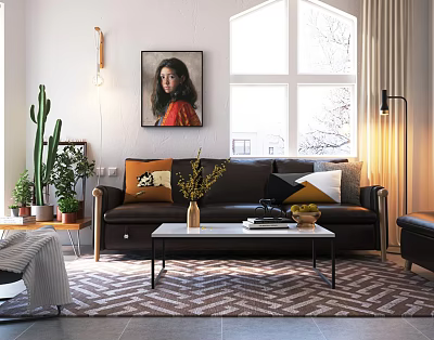 Modern Sofa and Coffee Table Set with Colorful Cushions Green Plants and Window View 3d model