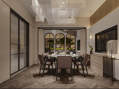Elegant Modern Private Dining Room Interior With Round Table Chairs Chandelier And Arch Windows 3d model
