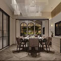 Elegant Modern Private Dining Room Interior With Round Table Chairs Chandelier And Arch Windows