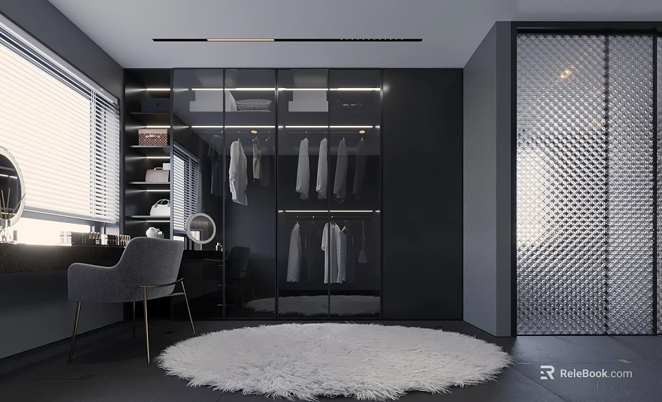 Modern Walk In Closet With Dark Glass Wardrobe White Rug And Dressing Table 3d model 
