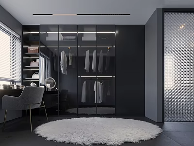 Modern Walk In Closet With Dark Glass Wardrobe White Rug And Dressing Table 3d model