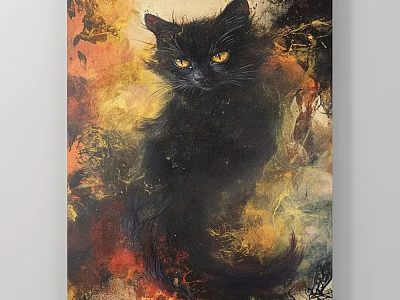 Vibrant Black Cat Animal Painting With Yellow Eyes In Oil Painting Style 3d model