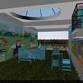 Shopping Mall Kids Play Space With Colorful Murals Green Lawn And Glass Dome Ceiling