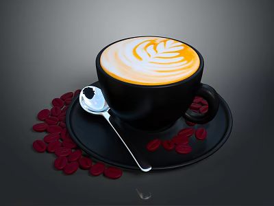 Coffee Latte Art in Black Cup on Saucer with Scattered Coffee Beans and Silver Spoon 3d model