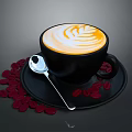 Coffee Latte Art in Black Cup on Saucer with Scattered Coffee Beans and Silver Spoon