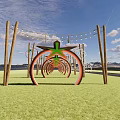 Enlightened Wooden Pergola With Circular Light Rings And String Lights Creating Tunnel Effect On Grass