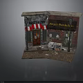 Vintage Pub And Bank Storefront With Red Door Striped Awning Street Lamps And Vending Machine