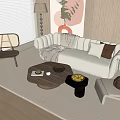 Beige Curved Sofa And Round Wooden Coffee Table Set With Pillows Throw Blanket Decorative Art