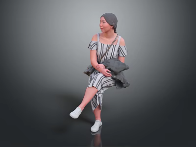 Child in Gray Hat Sitting on Dark Reflective Floor with Striped Dress and Coat 3d model