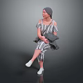 Child in Gray Hat Sitting on Dark Reflective Floor with Striped Dress and Coat