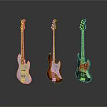 Three Electric Bass Guitars with Different Colors White Red Brown Black Displayed on Reflective Surface
