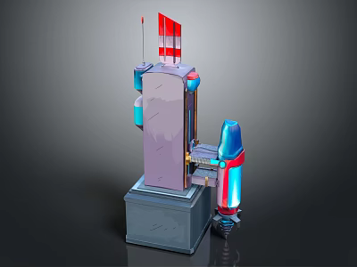 Cartoon Style Mechanical Device With Red Flag Antenna Blue Glowing Component Purple Gray Structure Base 3d model