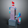 Cartoon Style Mechanical Device With Red Flag Antenna Blue Glowing Component Purple Gray Structure Base