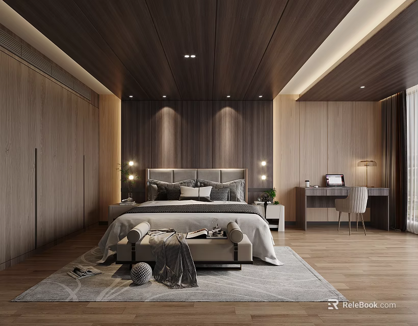 Modern Bedroom Interior With Wooden Ceiling Large Bed And Study Desk 3d model 