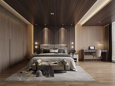 Modern Bedroom Interior With Wooden Ceiling Large Bed And Study Desk 3d model