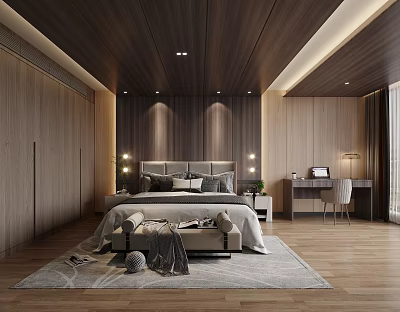 Modern Bedroom Interior With Wooden Ceiling Large Bed And Study Desk 3d model
