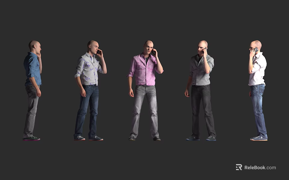 Multiple Men Talking on Phone in Different Outfits Against Grey Background 3d model 