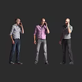 Multiple Men Talking on Phone in Different Outfits Against Grey Background