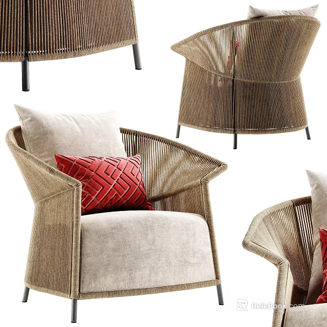 Comfortable Outdoor Sofa With Wicker Design Beige Cushions And Red Accent Pillows 3d model 
