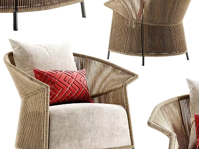 Comfortable Outdoor Sofa With Wicker Design Beige Cushions And Red Accent Pillows 3d model