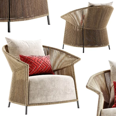 Comfortable Outdoor Sofa With Wicker Design Beige Cushions And Red Accent Pillows 3d model
