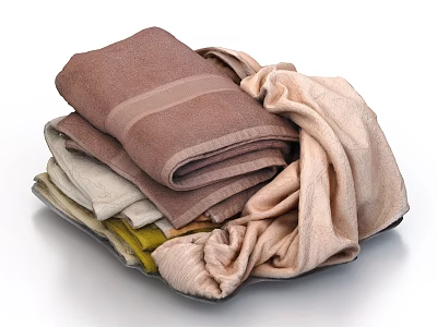 Soft Brown Beige And Yellow Towels And Blankets Stacked Casually For Household Use 3d model
