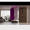 Modern Living and Dining Room Interior Design With Fireplace Oval Mirror And Wooden Partition