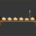 Traditional Percussion Musical Equipment With Carved Wooden Frame Golden Brass Bowls And Mallet