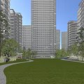 Modern High Rise Residential Building With Green Lawn Trees And Pathway