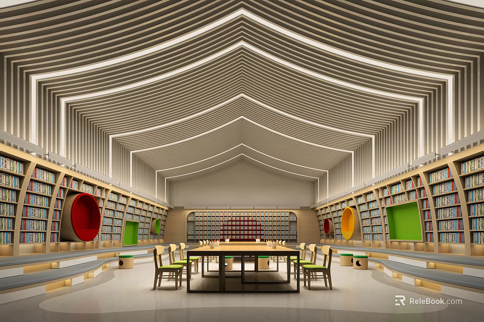 Artistic Library Interior Design With Bookshelves Colorful Circular Decor And Central Reading Table 3d model 
