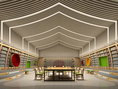 Artistic Library Interior Design With Bookshelves Colorful Circular Decor And Central Reading Table 3d model