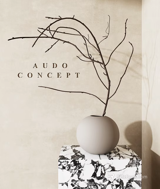 Minimalist White Spherical Vase with Dry Branches on Marble Stand for Interior Decor 3d model 