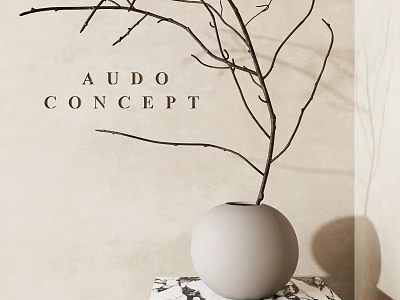 Minimalist White Spherical Vase with Dry Branches on Marble Stand for Interior Decor 3d model