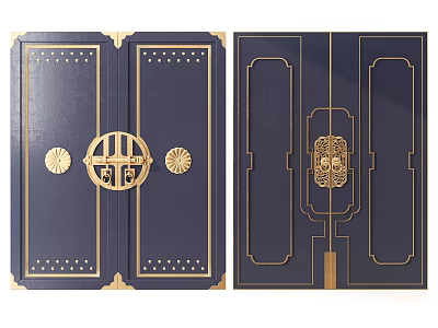 Elegant Dark Blue Doors With Gold Decorations Circular Knocker And Symmetrical Patterns 3d model