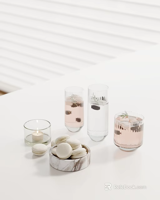 Elegant Table Setting With Glass Cups Rosemary Water Candle And Macarons On White Table 3d model 