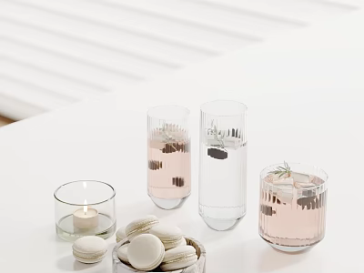 Elegant Table Setting With Glass Cups Rosemary Water Candle And Macarons On White Table 3d model
