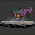 Traditional Pavilion Featuring Green Roof Pink Flowering Trees Steps And Water Pool On White Platform