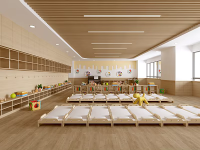 Kindergarten Nap Room Featuring Wooden Beds Storage Cabinets Wall Decorations And Toys With Windows 3d model