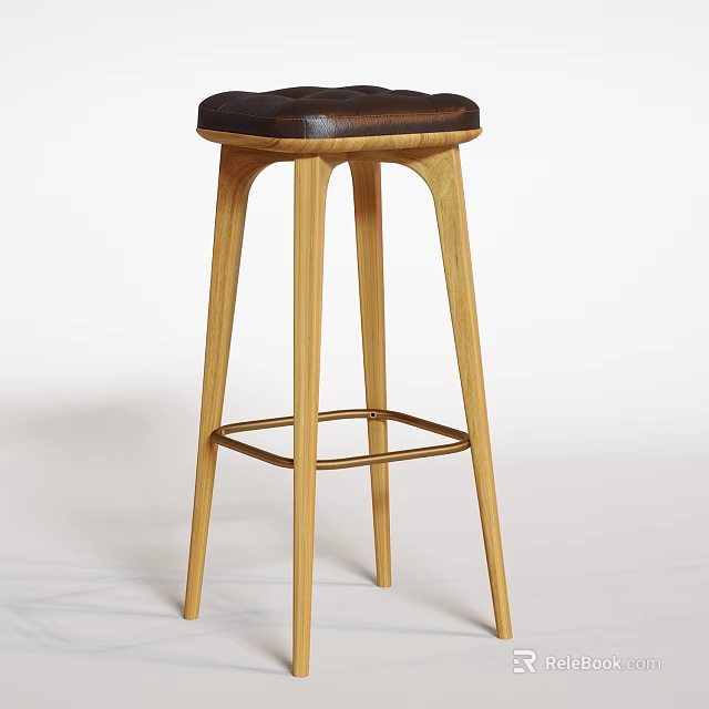 Modern Wooden Bar Stool With Leather Seat And Sturdy Metal Footrest 3d model 